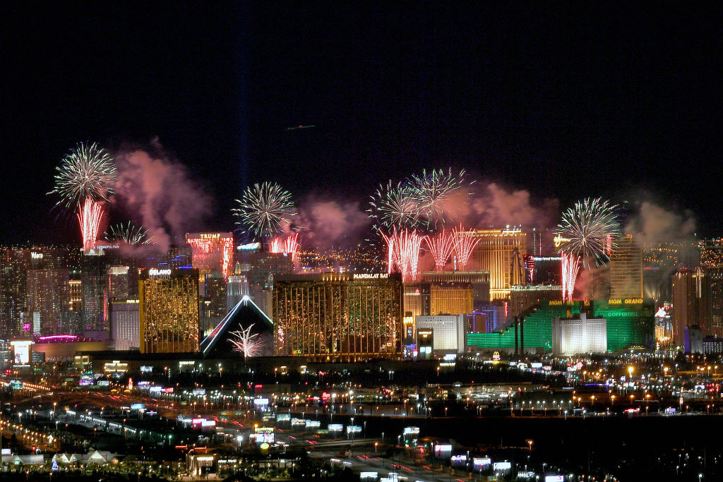 Fireworks illuminate the skyline over the Las Vegas Strip during an eight-minute-long pyrotechnics show put on by Fireworks by Grucci titled  America