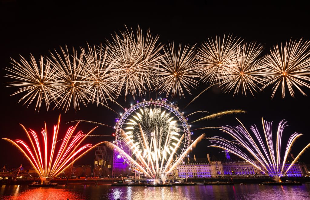 Fireworks light up the sky above the London Eye during the new year celebrations in London, United Kingdom on Jan. 1, 2020.