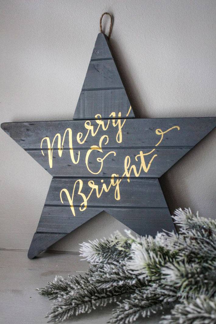 новогодний декор - деревянная звезда с надписью фото