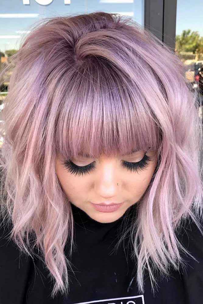 Medium Hairstyle Thick Hairstyles With Bangs #haircutswithbangs #haircuts #mediumhaircut #mauvehair