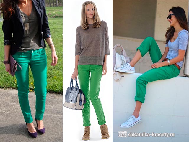 зеленые брюки с чем носить