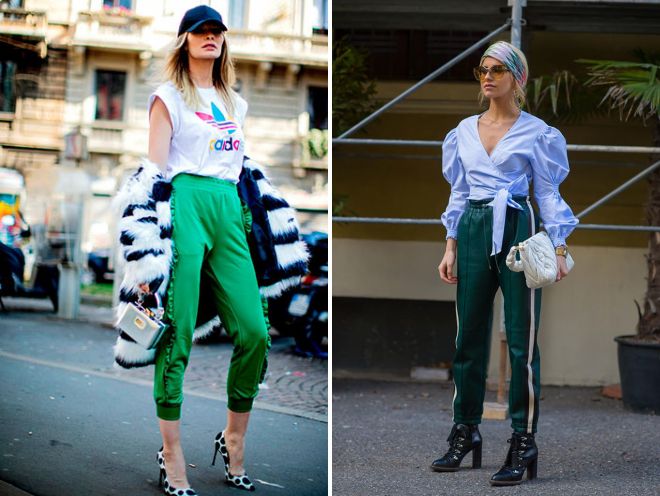 стильный образ для девушки с зелеными брюками